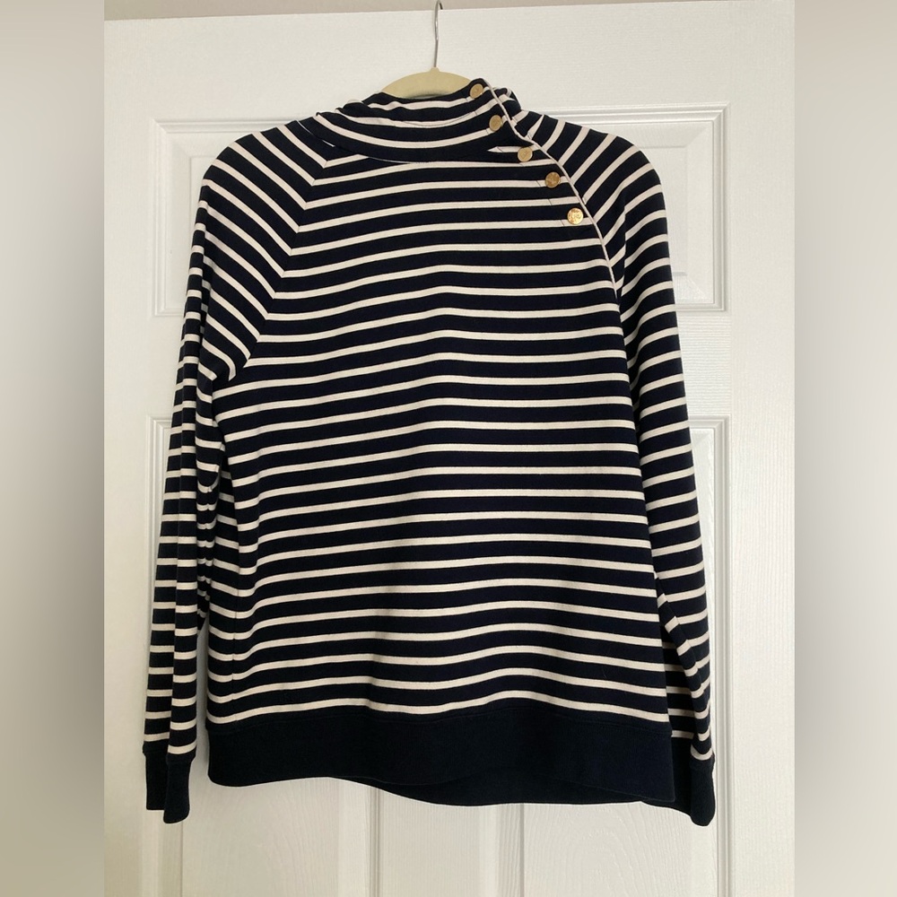 Navy and White Striped Sweater with Gold Buttons